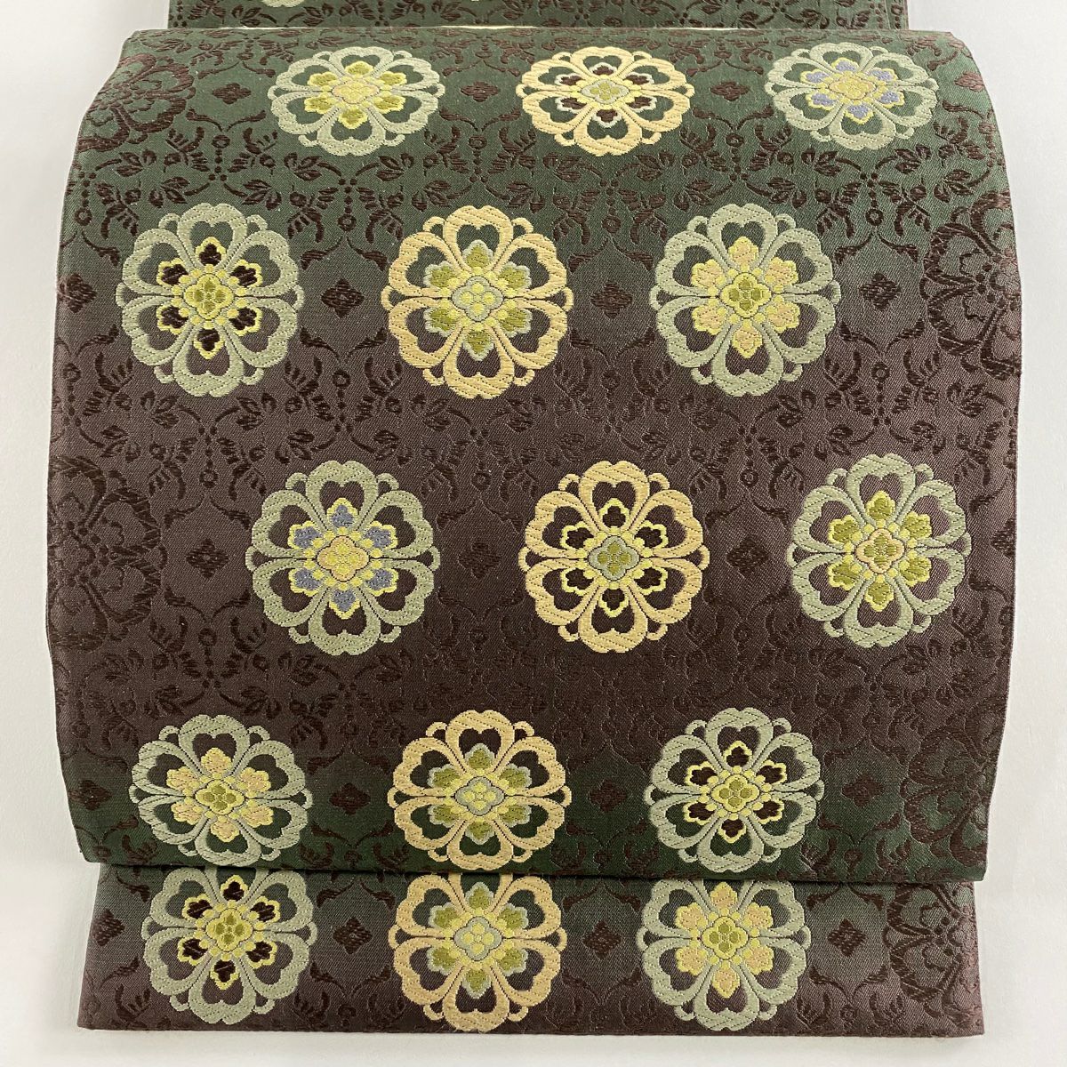 【美品】 袋帶 名品級 華紋 唐織 茶綠 全通 純蠶絲