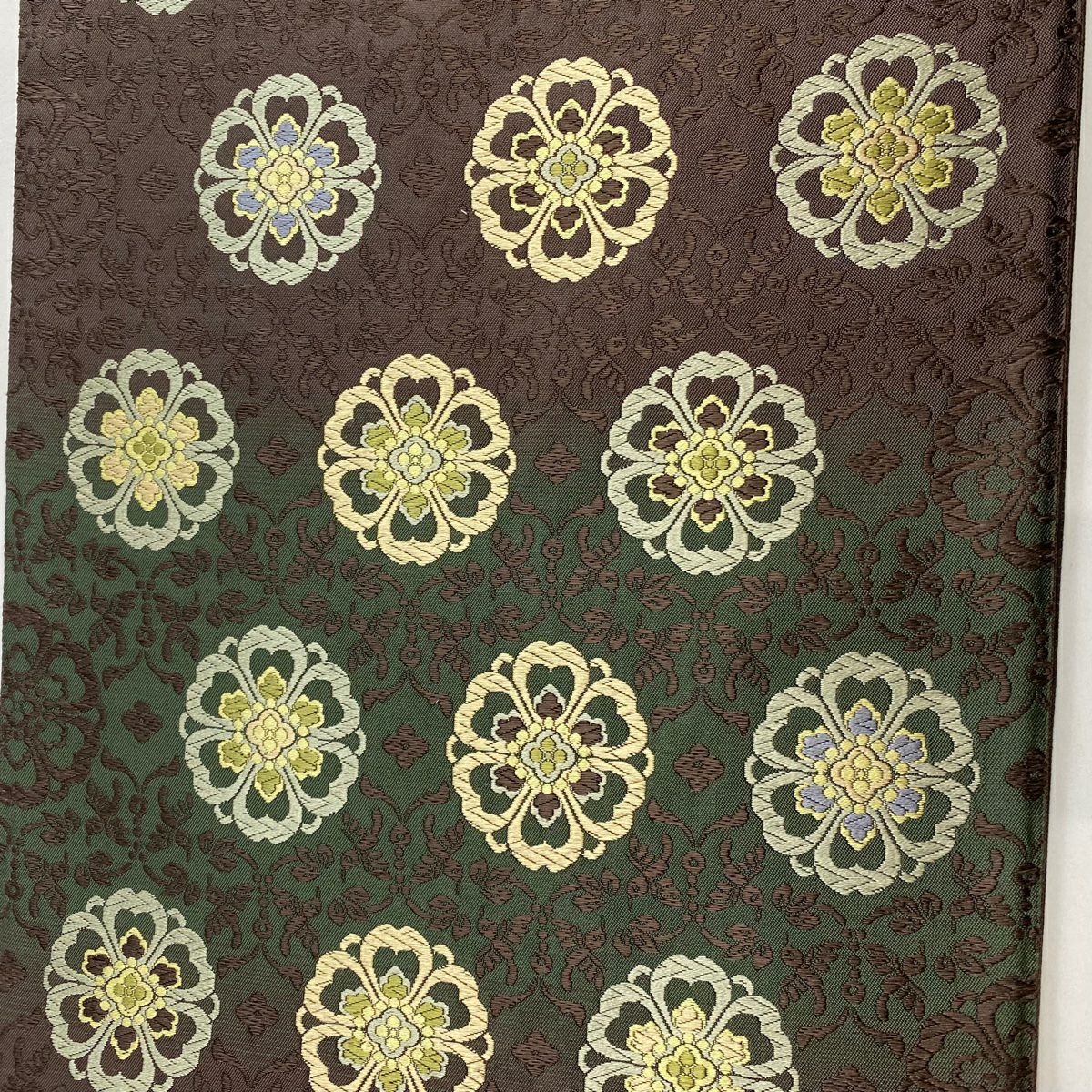 【美品】 袋帶 名品級 華紋 唐織 茶綠 全通 純蠶絲