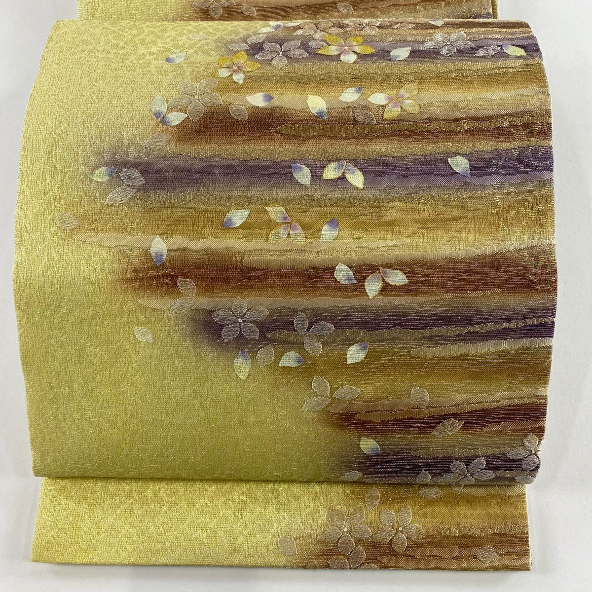 【美品】 袋帶 名品級 花霞 金絲 抹茶 深藍 六通 純蠶絲