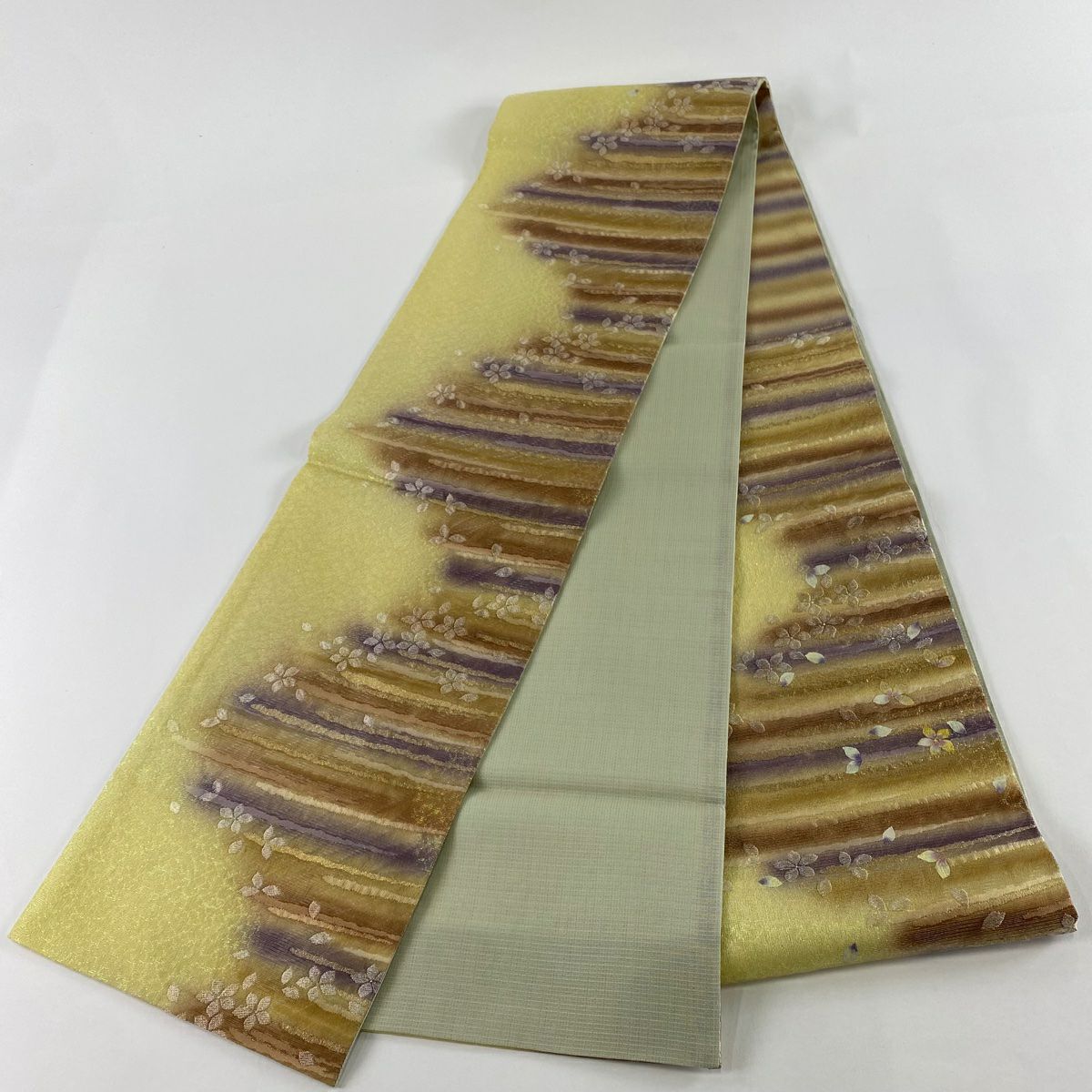 【美品】 袋帶 名品級 花霞 金絲 抹茶 深藍 六通 純蠶絲