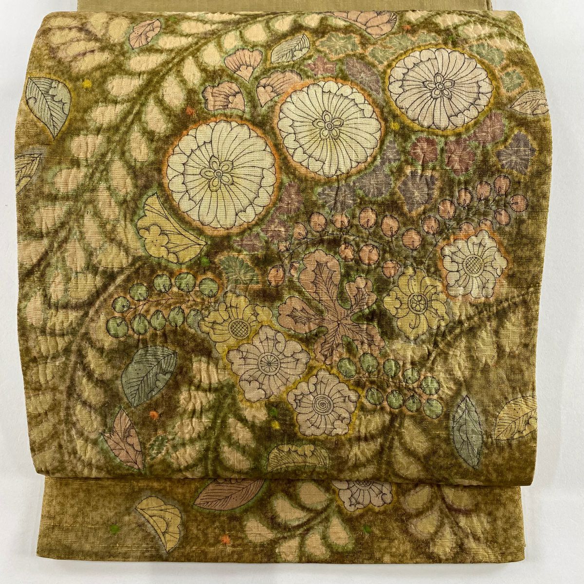 【美品】 袋帶 名品級 附落款 紬織織 辻花染 金絲 山吹茶 紅色 正蠶絲
