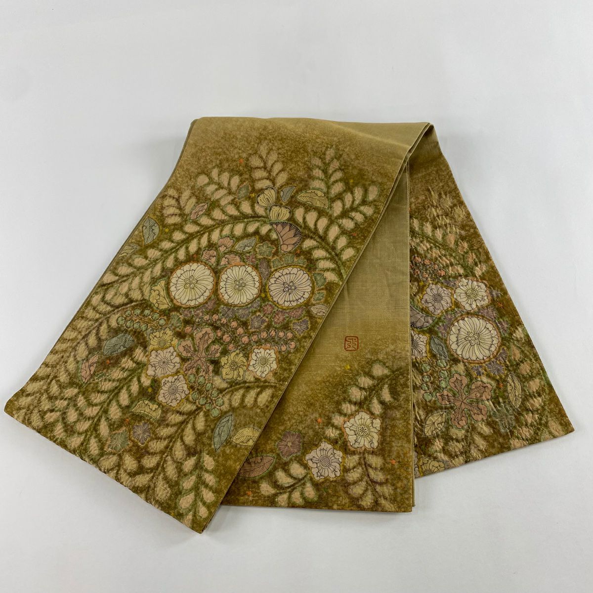 【美品】 袋帶 名品級 附落款 紬織織 辻花染 金絲 山吹茶 紅色 正蠶絲