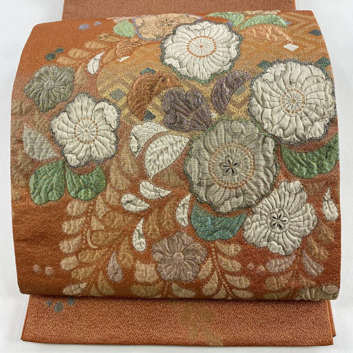 【美品】袋帶 名品級 辻花染 金通し 金金箔 橙色 大鼓圖案 純蠶絲