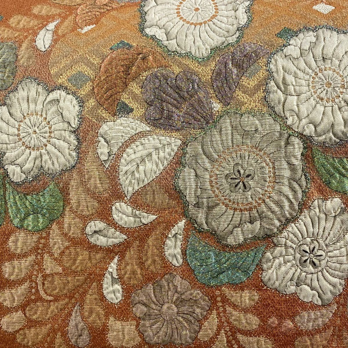 【美品】袋帶 名品級 辻花染 金通し 金金箔 橙色 大鼓圖案 純蠶絲