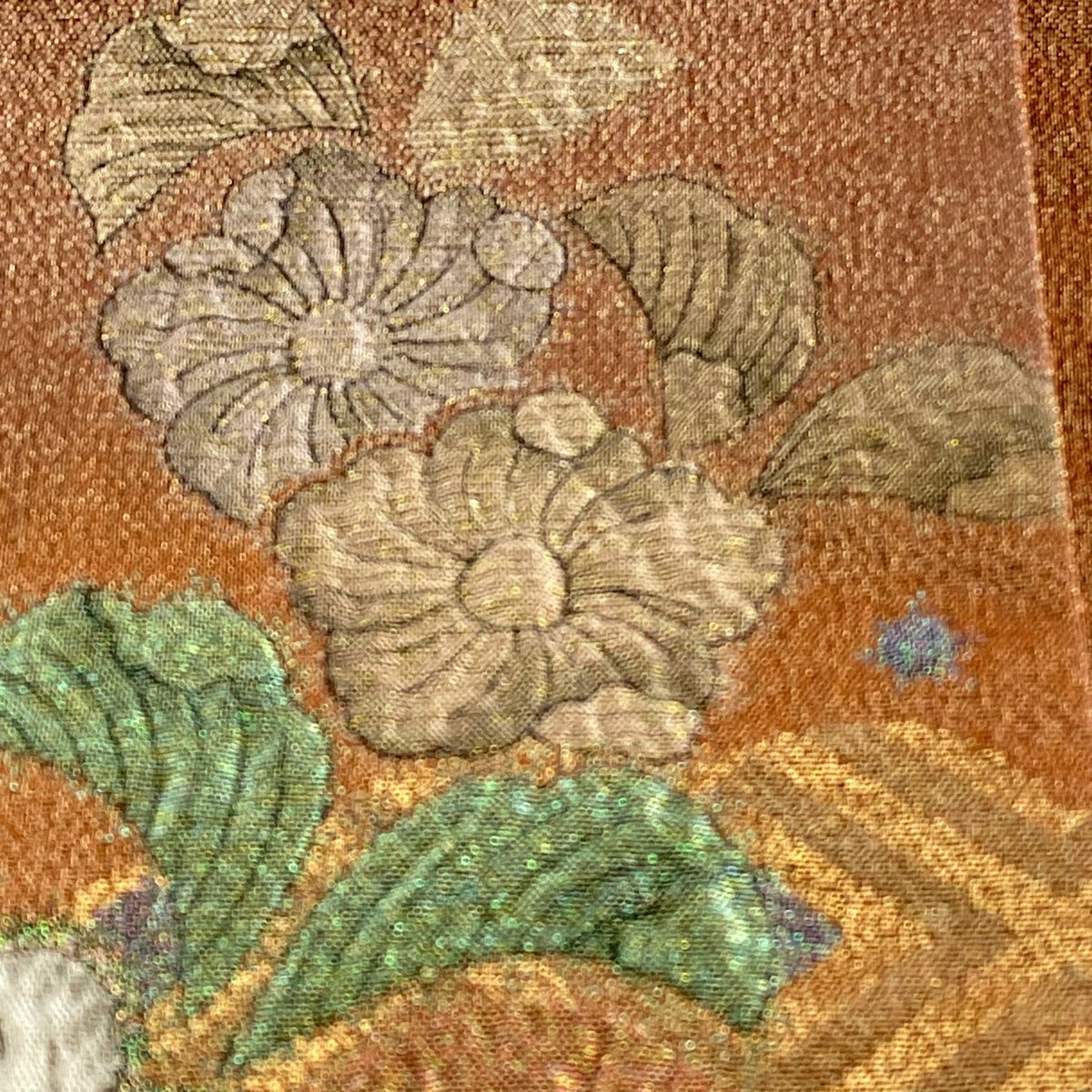【美品】袋帶 名品級 辻花染 金通し 金金箔 橙色 大鼓圖案 純蠶絲