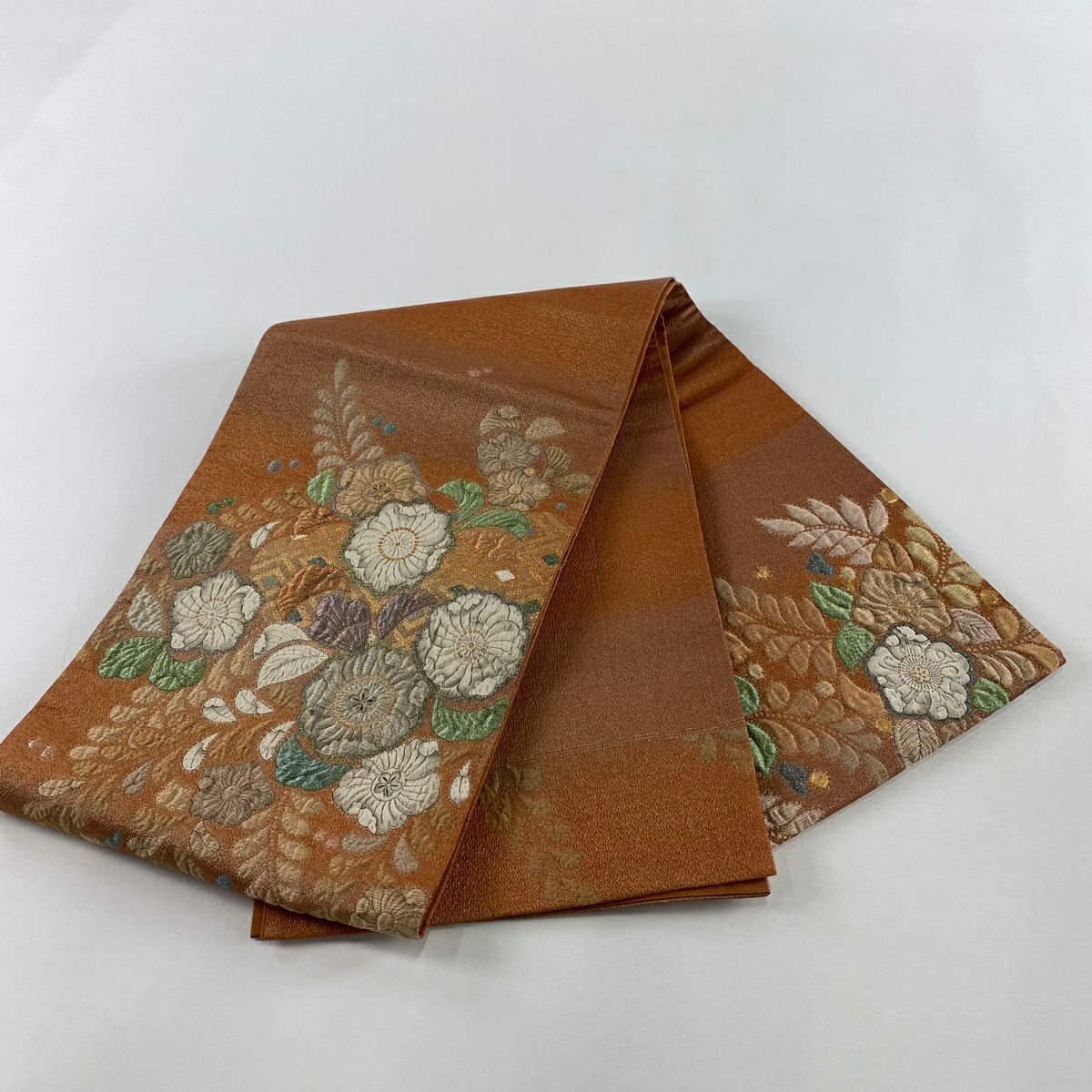 【美品】袋帶 名品級 辻花染 金通し 金金箔 橙色 大鼓圖案 純蠶絲