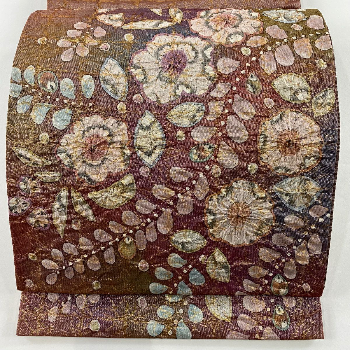 【美品】 袋帶 名品級 附落款 辻花染 格子 金金箔 紅茶 大鼓圖案 純蠶絲