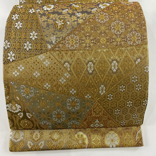 【美品】 袋帶 名品級 七寶 花唐草紋 金金箔 金絲 金色 六通 純蠶絲