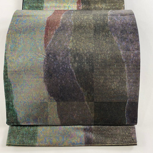 【美品】 袋帶 名品級 市松樹 幾何學 金金箔 墨色 六通 純蠶絲