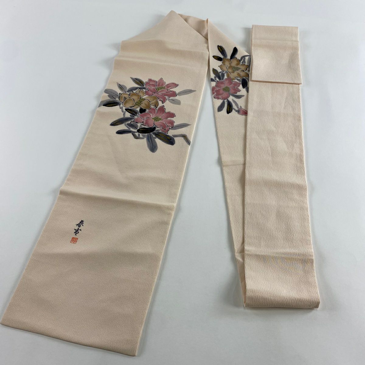 名古屋帶 名品級 落款 山科春宣 牡丹 金彩裝飾 淺粉色 純蠶絲