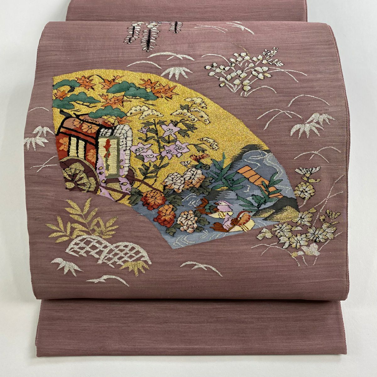 袋帶 名品級 扇子面 花鳥 金銀絲 灰紫 お太鼓圖案 純蠶絲