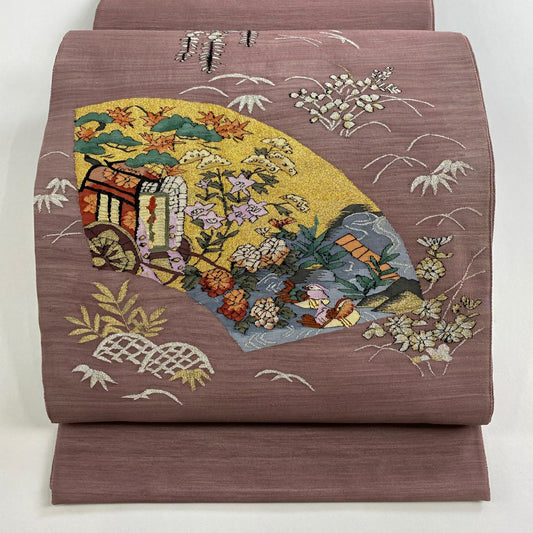 袋帶 名品級 扇子面 花鳥 金銀絲 灰紫 お太鼓圖案 純蠶絲