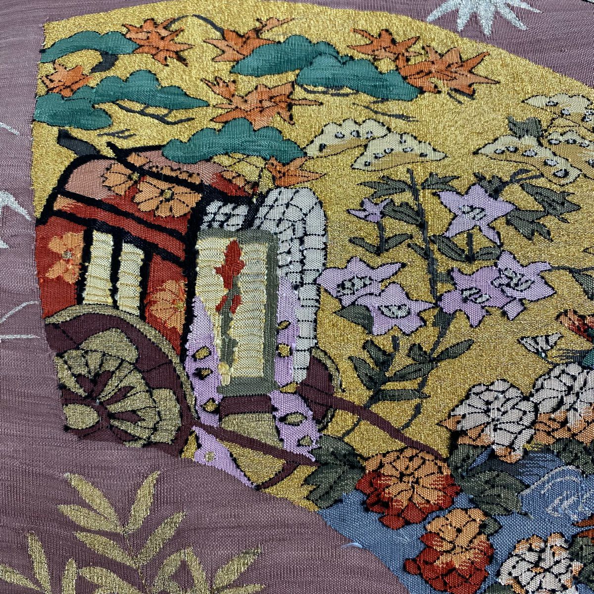 袋帶 名品級 扇子面 花鳥 金銀絲 灰紫 お太鼓圖案 純蠶絲