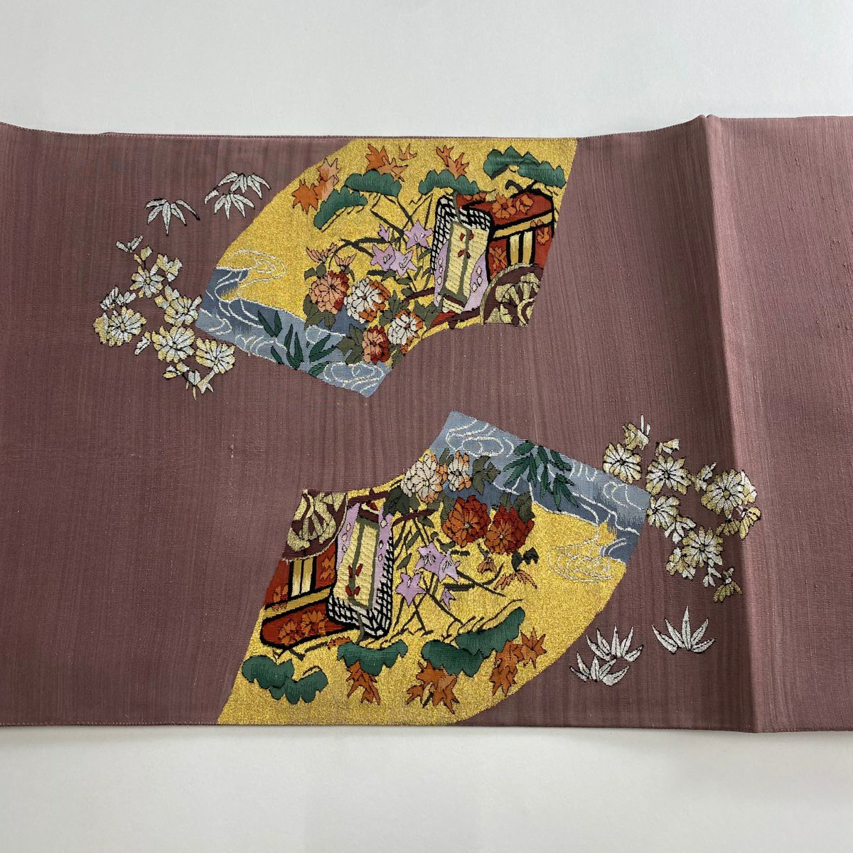 袋帶 名品級 扇子面 花鳥 金銀絲 灰紫 お太鼓圖案 純蠶絲