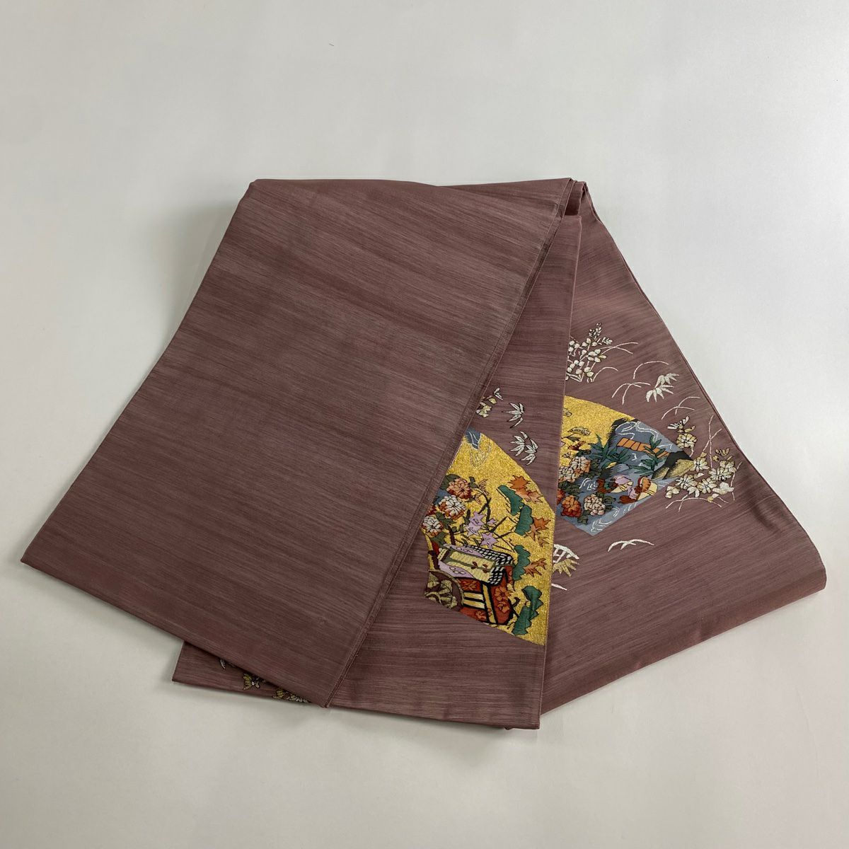 袋帶 名品級 扇子面 花鳥 金銀絲 灰紫 お太鼓圖案 純蠶絲