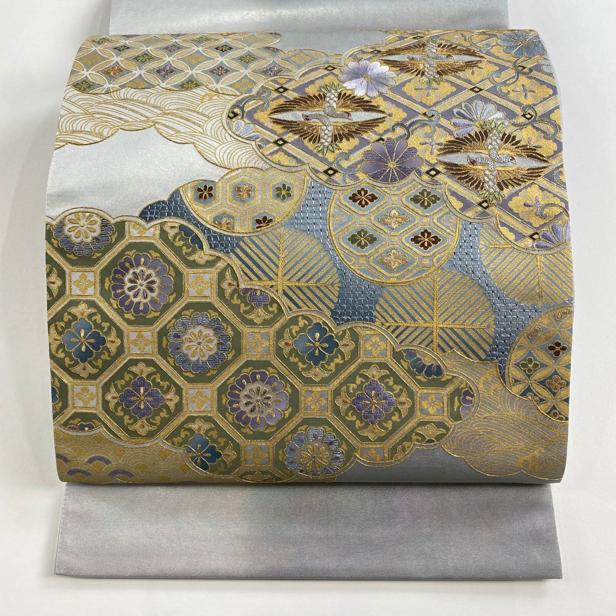 【美品】 袋帶 名品級 向仙鶴 蜀江華紋 金絲 刺繡 銀色 大鼓圖案 純蠶絲