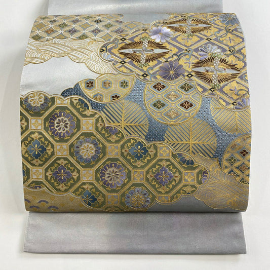 【美品】 袋帶 名品級 向仙鶴 蜀江華紋 金絲 刺繡 銀色 大鼓圖案 純蠶絲
