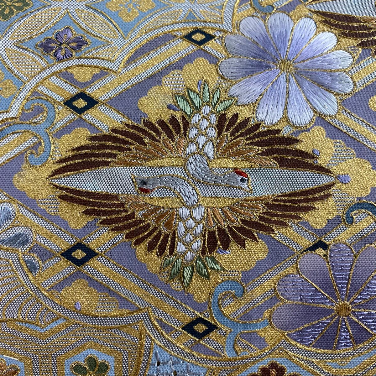 【美品】 袋帶 名品級 向仙鶴 蜀江華紋 金絲 刺繡 銀色 大鼓圖案 純蠶絲