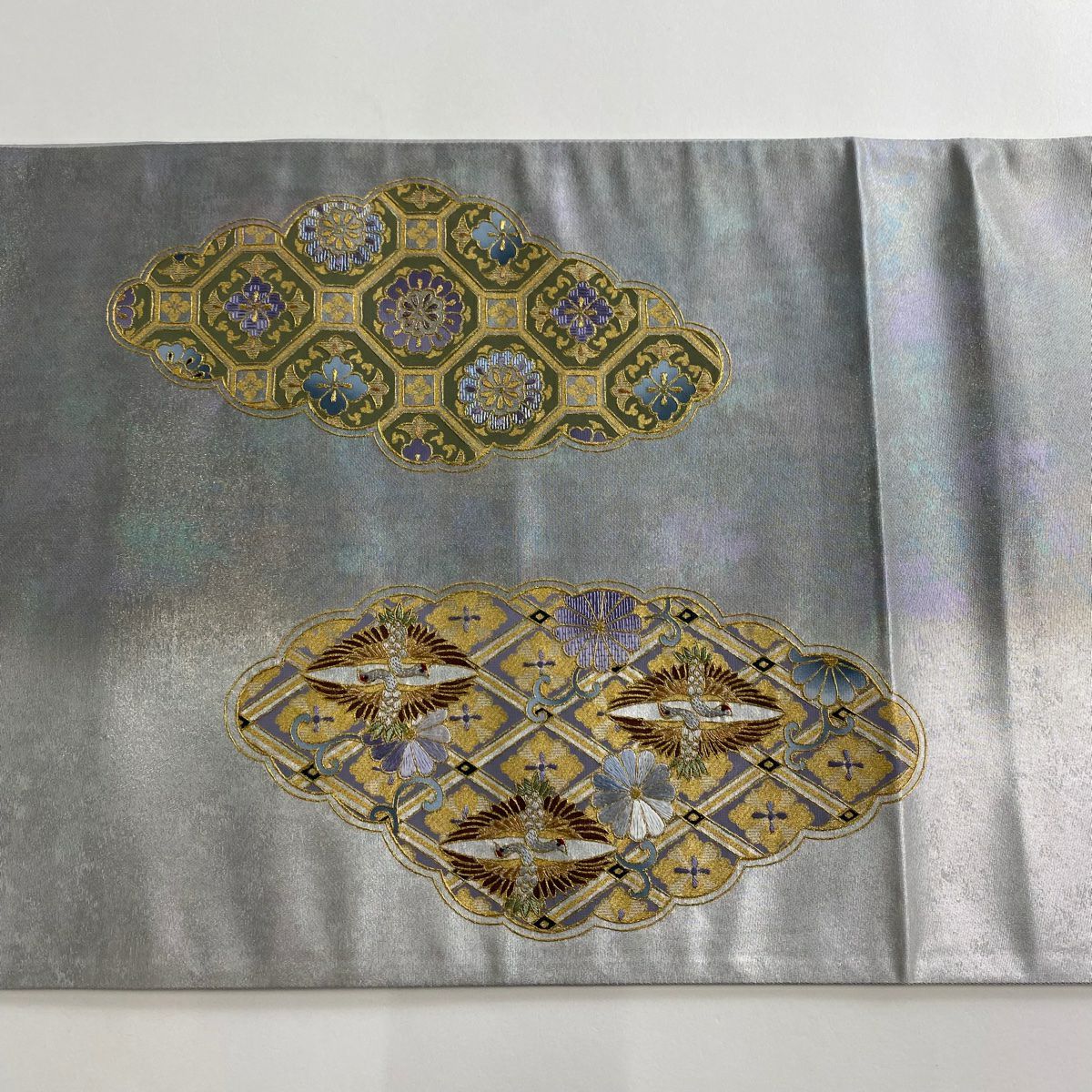【美品】 袋帶 名品級 向仙鶴 蜀江華紋 金絲 刺繡 銀色 大鼓圖案 純蠶絲