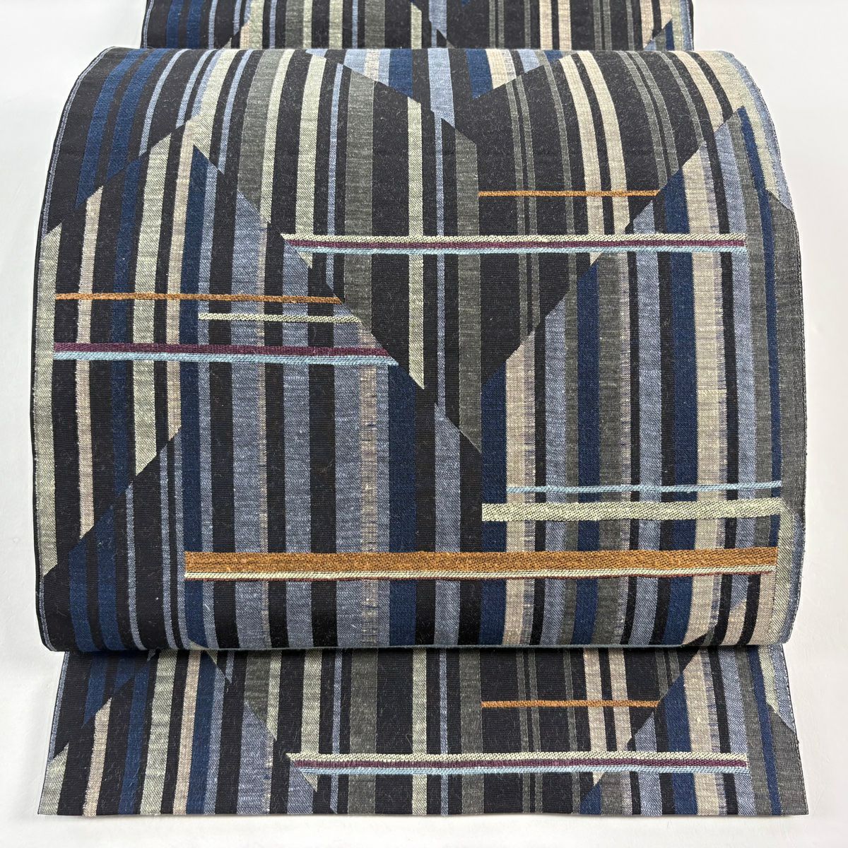 【美品】 袋帶 名品級 縞 幾何圖案 深藍 六通 純蠶絲