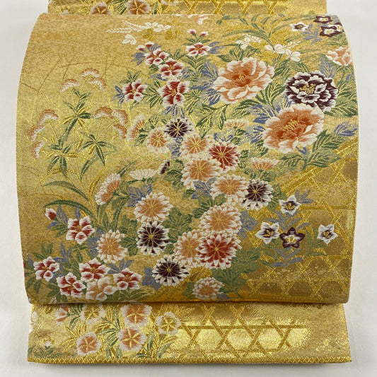 袋帶 秀品級 關西仕立 牡丹 草花紋 金金箔 金絲 金色 六通 純蠶絲