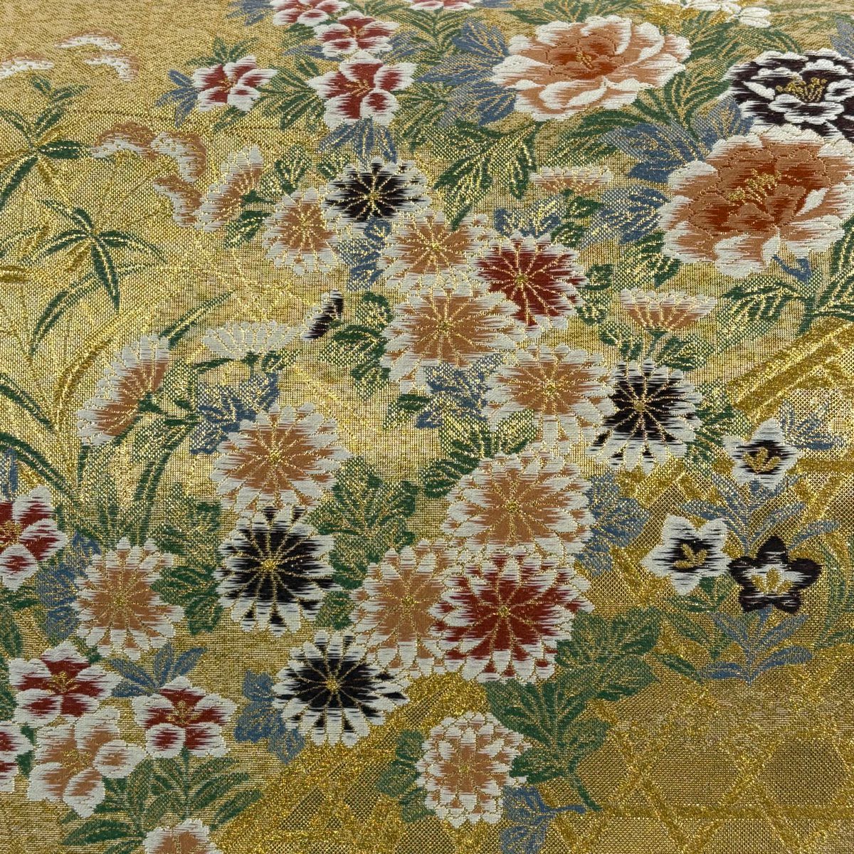 袋帶 秀品級 關西仕立 牡丹 草花紋 金金箔 金絲 金色 六通 純蠶絲