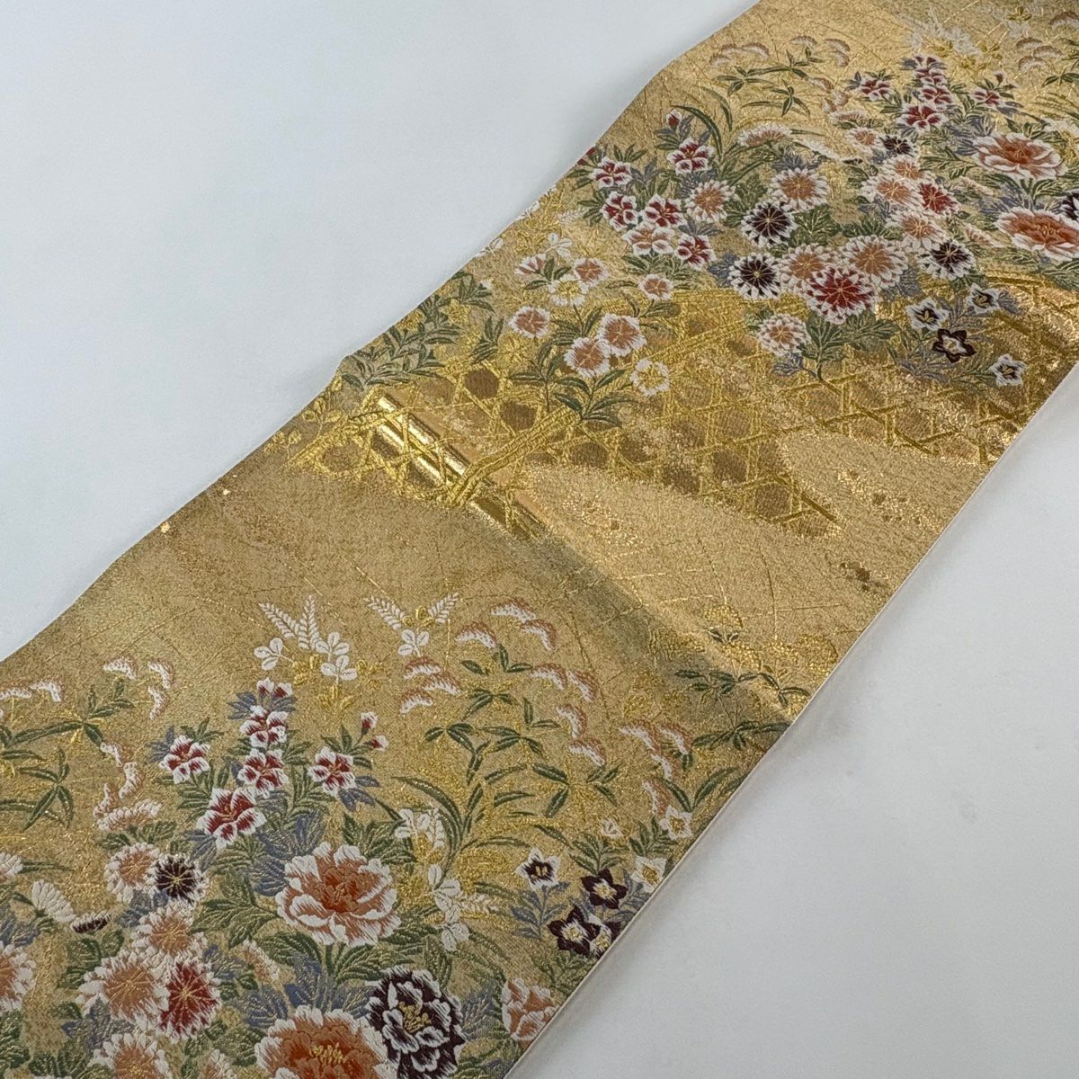 袋帶 秀品級 關西仕立 牡丹 草花紋 金金箔 金絲 金色 六通 純蠶絲