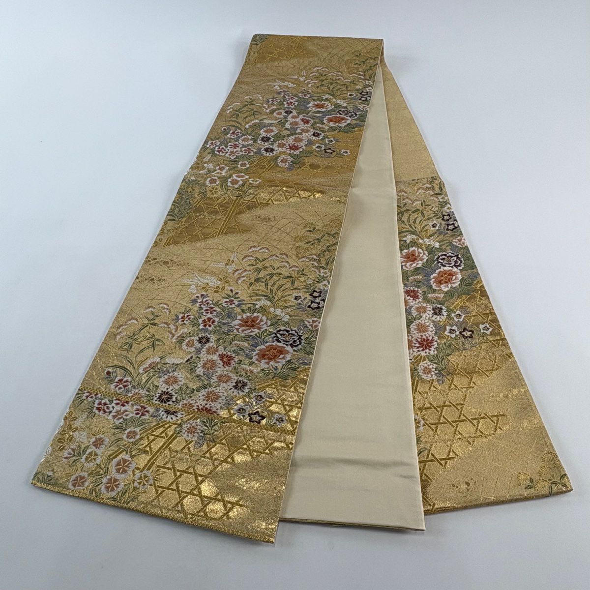 袋帶 秀品級 關西仕立 牡丹 草花紋 金金箔 金絲 金色 六通 純蠶絲
