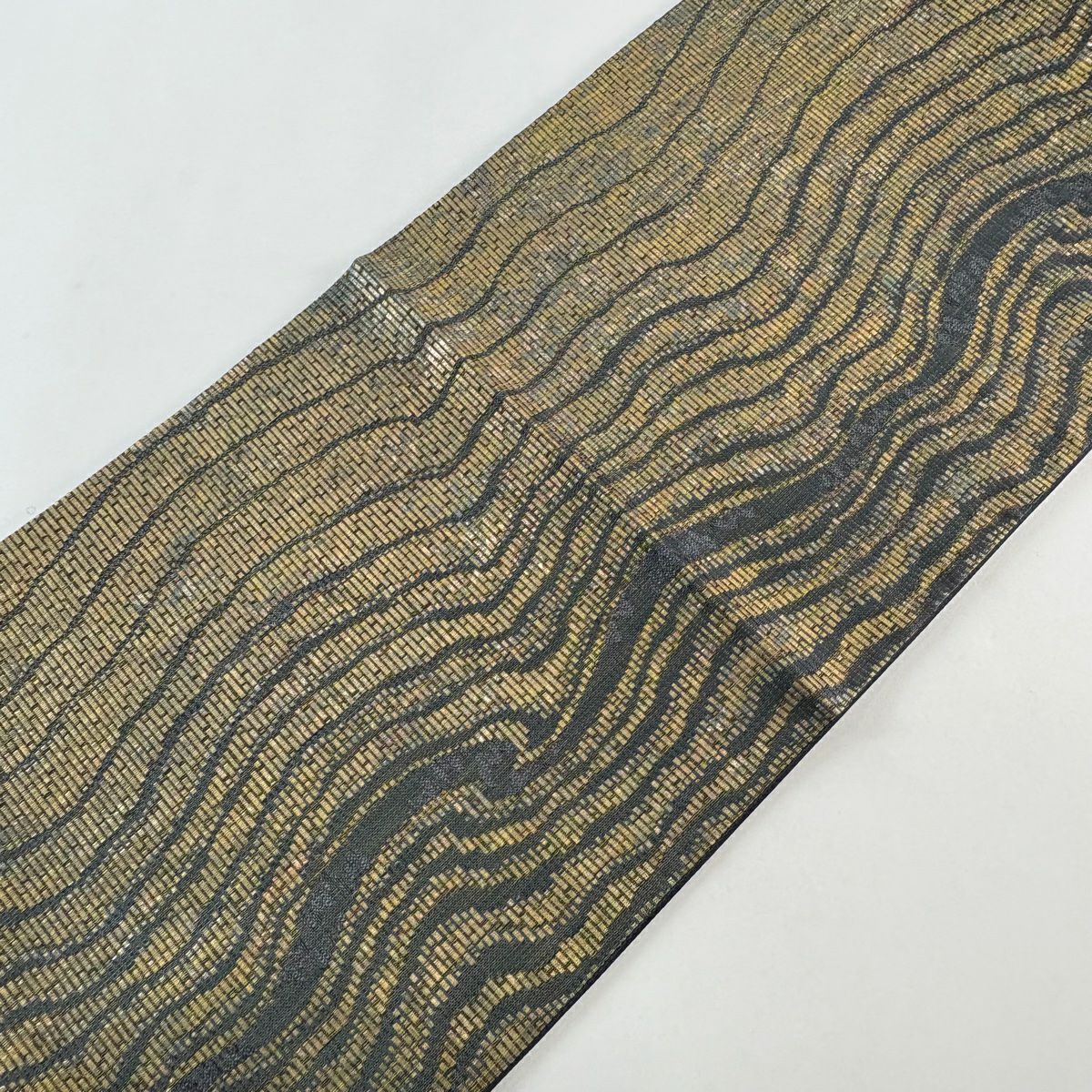 【美品】 袋帶 秀品級 幾何學 金金箔 金茶 六通 純蠶絲