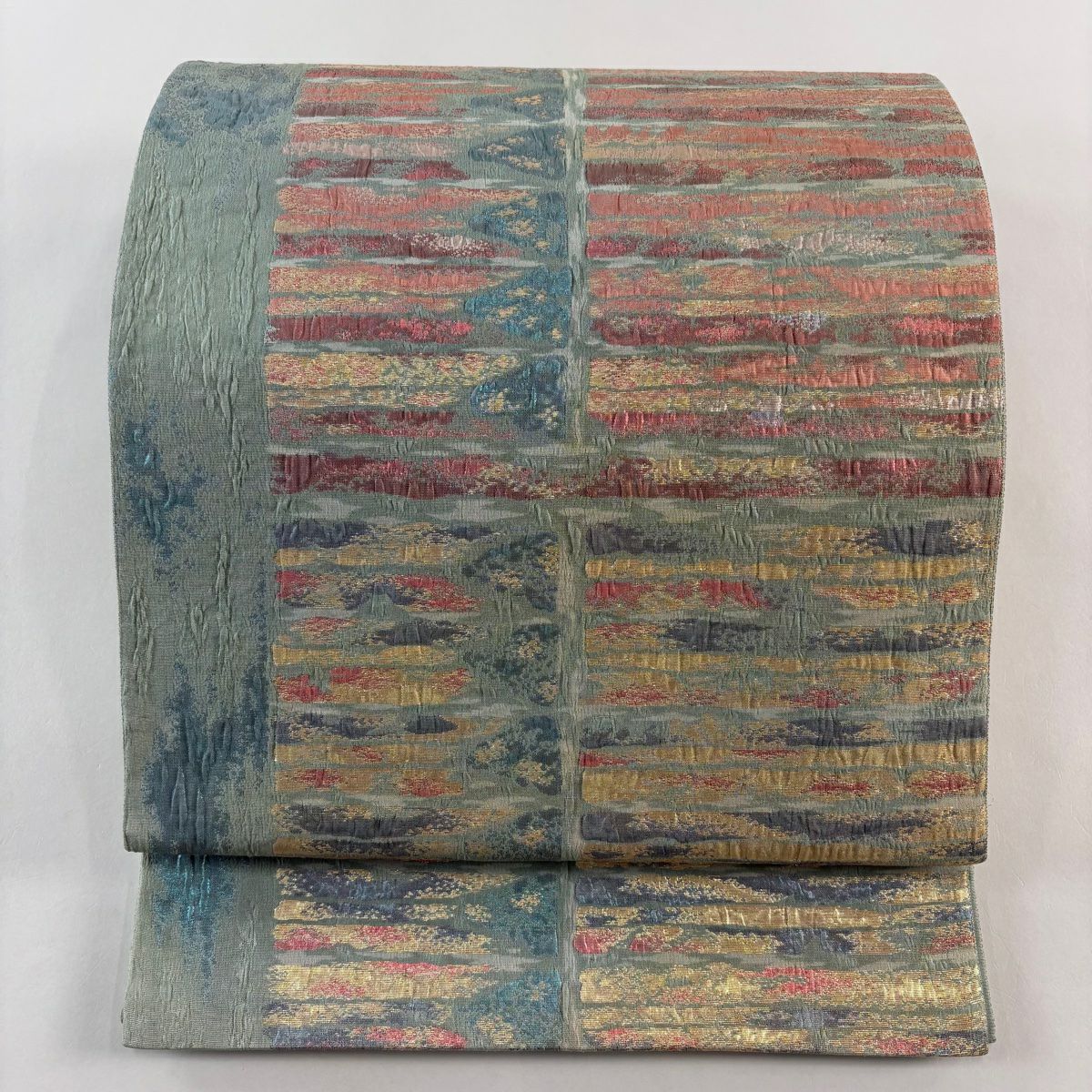 袋帶 秀品級 霞 幾何學圖案 金絲 淺綠 六通 純蠶絲