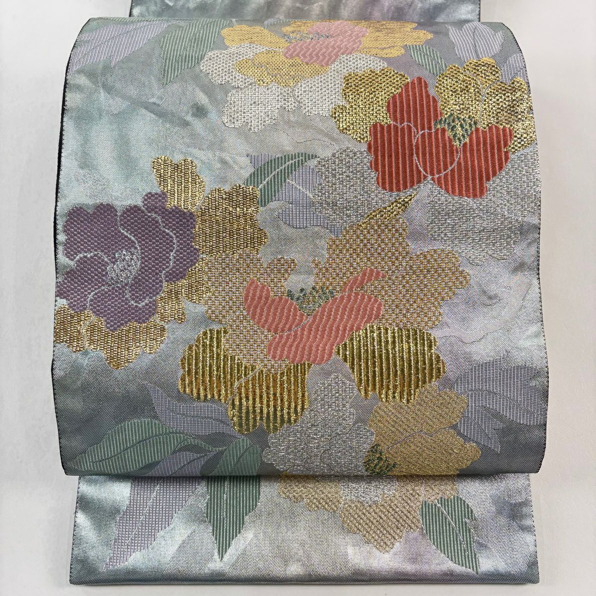 【美品】 袋帶 秀品級 草花紋紋 金銀彩 金金箔 銀 六通 純蠶絲