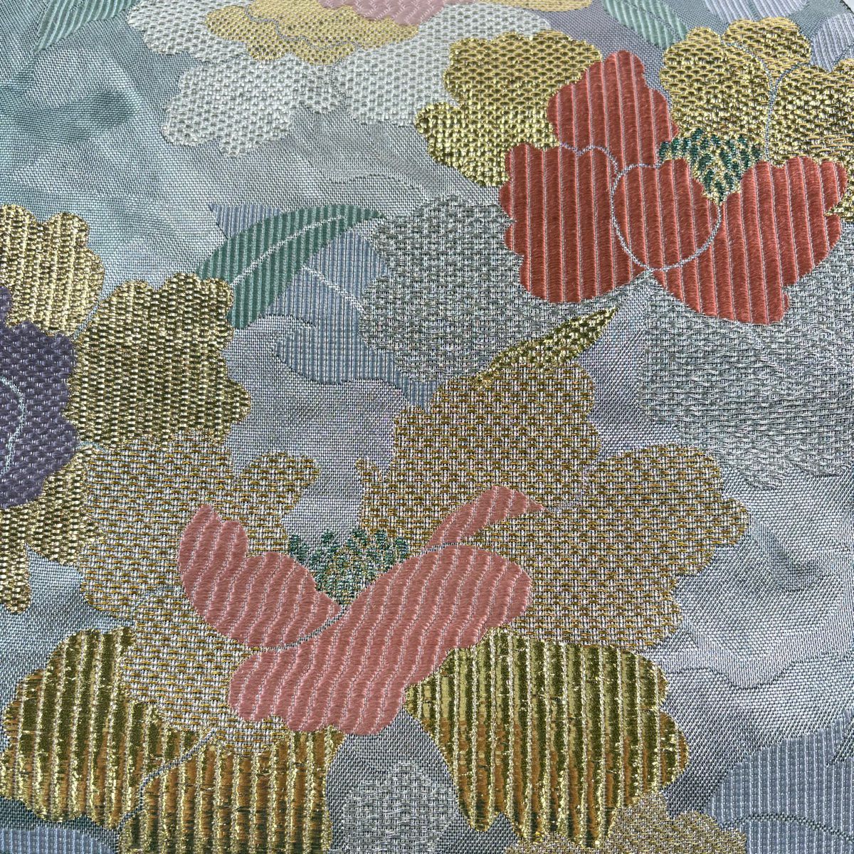 【美品】 袋帶 秀品級 草花紋紋 金銀彩 金金箔 銀 六通 純蠶絲