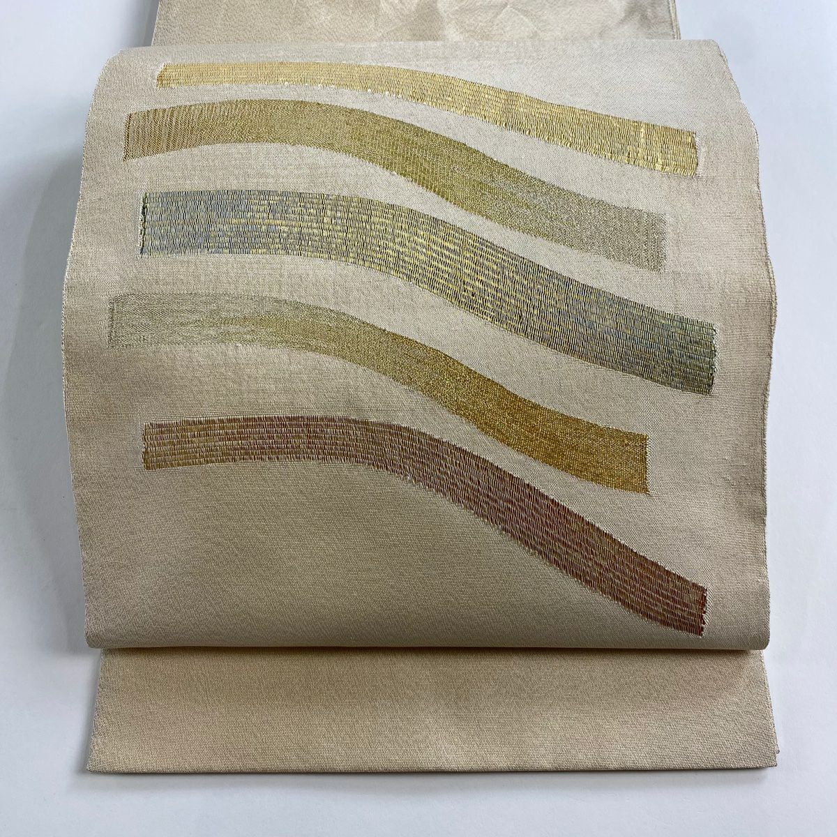 【美品】 袋帶 秀品級 幾何圖案 金金箔 金銀線 奶油色 大鼓圖案 純蠶絲