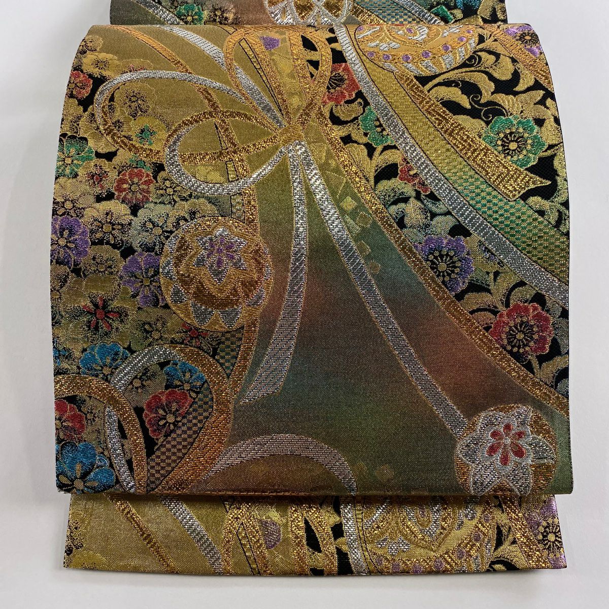 【美品】 袋帶 秀品級 水晶 組織繩 鞠 金金箔 金色 六通 純蠶絲