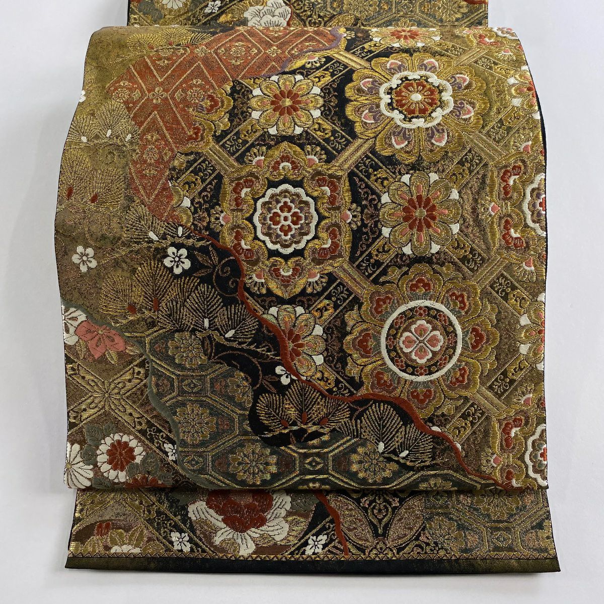 袋帶 秀品級 關西仕立 松樹 華紋 金絲 金金箔 金色 六通 純蠶絲
