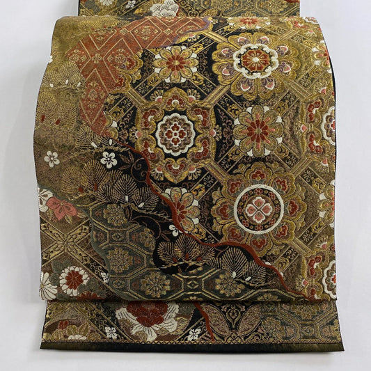 袋帶 秀品級 關西仕立 松樹 華紋 金絲 金金箔 金色 六通 純蠶絲