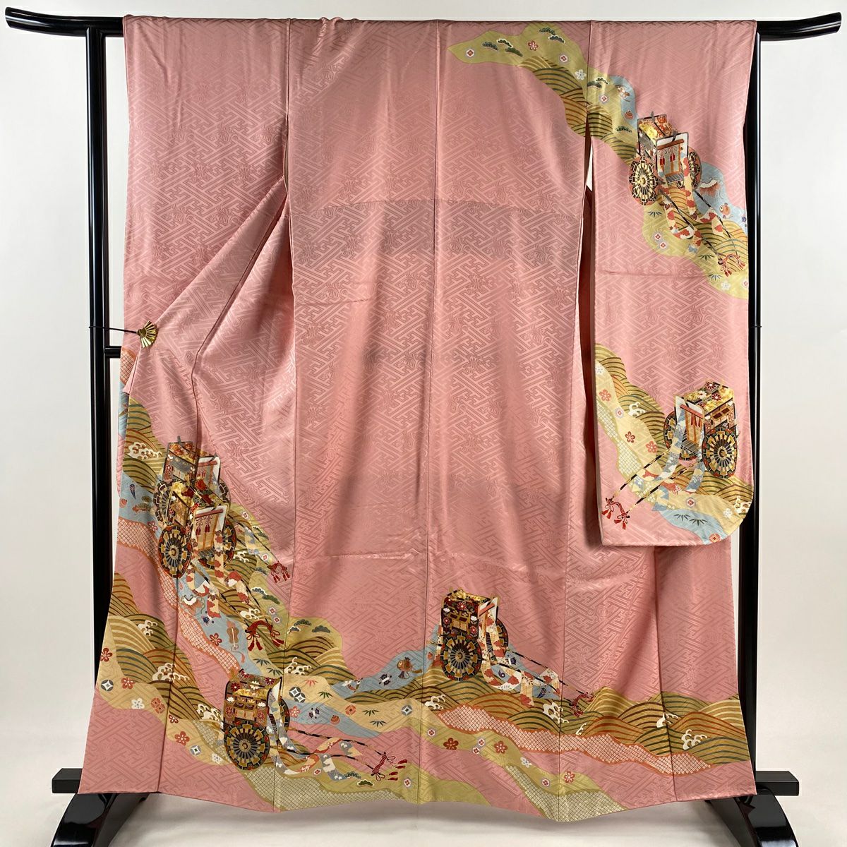 振袖禮服 身長161.5cm 袖長62.5cm S 雙層 手繪友禪 落款御所車 寶盡くし 金絲 金銀彩 粉紅 純蠶絲 名品級