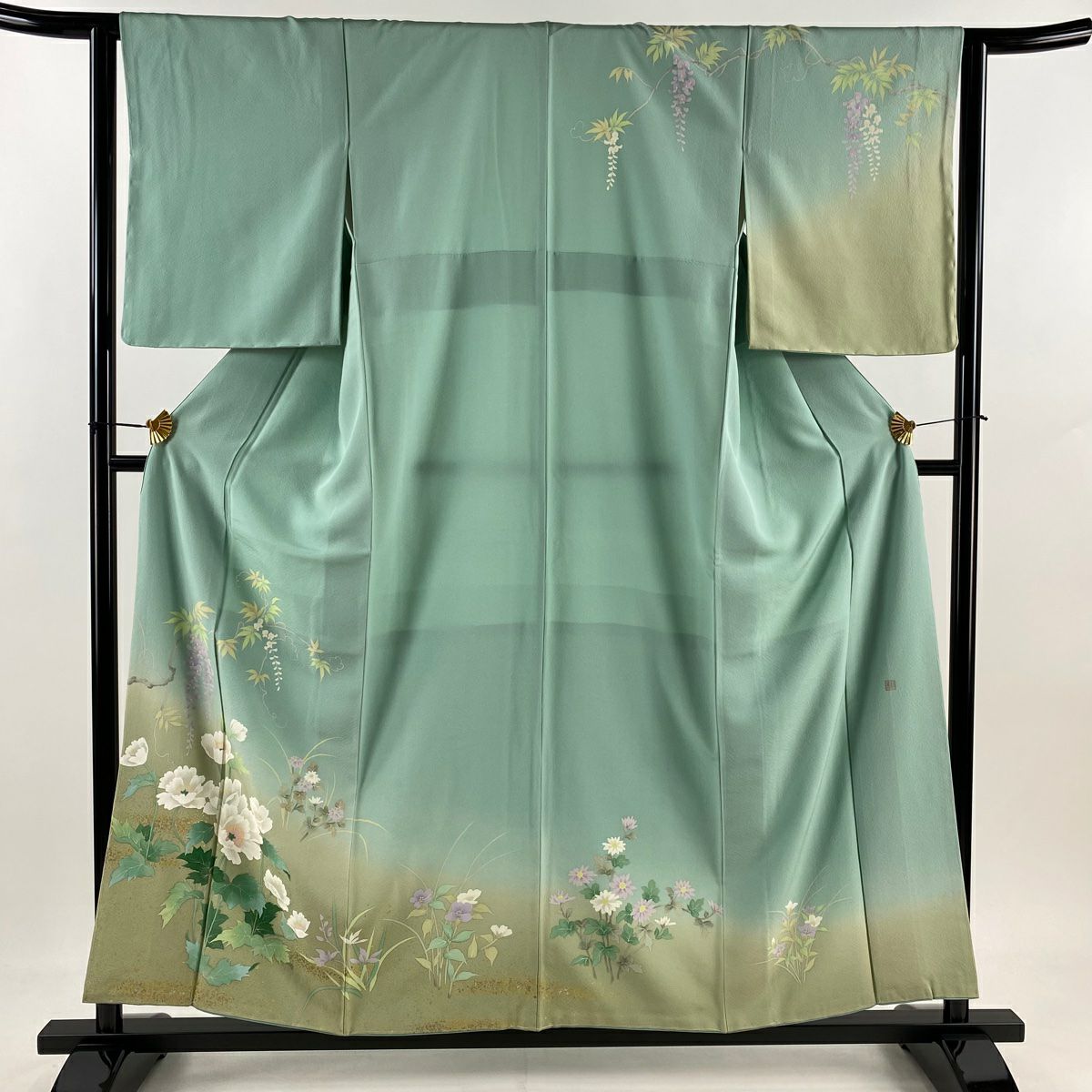 訪問服 身長156.5cm 袖長63cm S 雙層 落款 草花紋紋 藤 金銀彩 染分 薄綠 純蠶絲 名品級