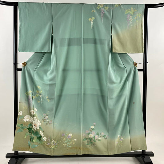 訪問服 身長156.5cm 袖長63cm S 雙層 落款 草花紋紋 藤 金銀彩 染分 薄綠 純蠶絲 名品級