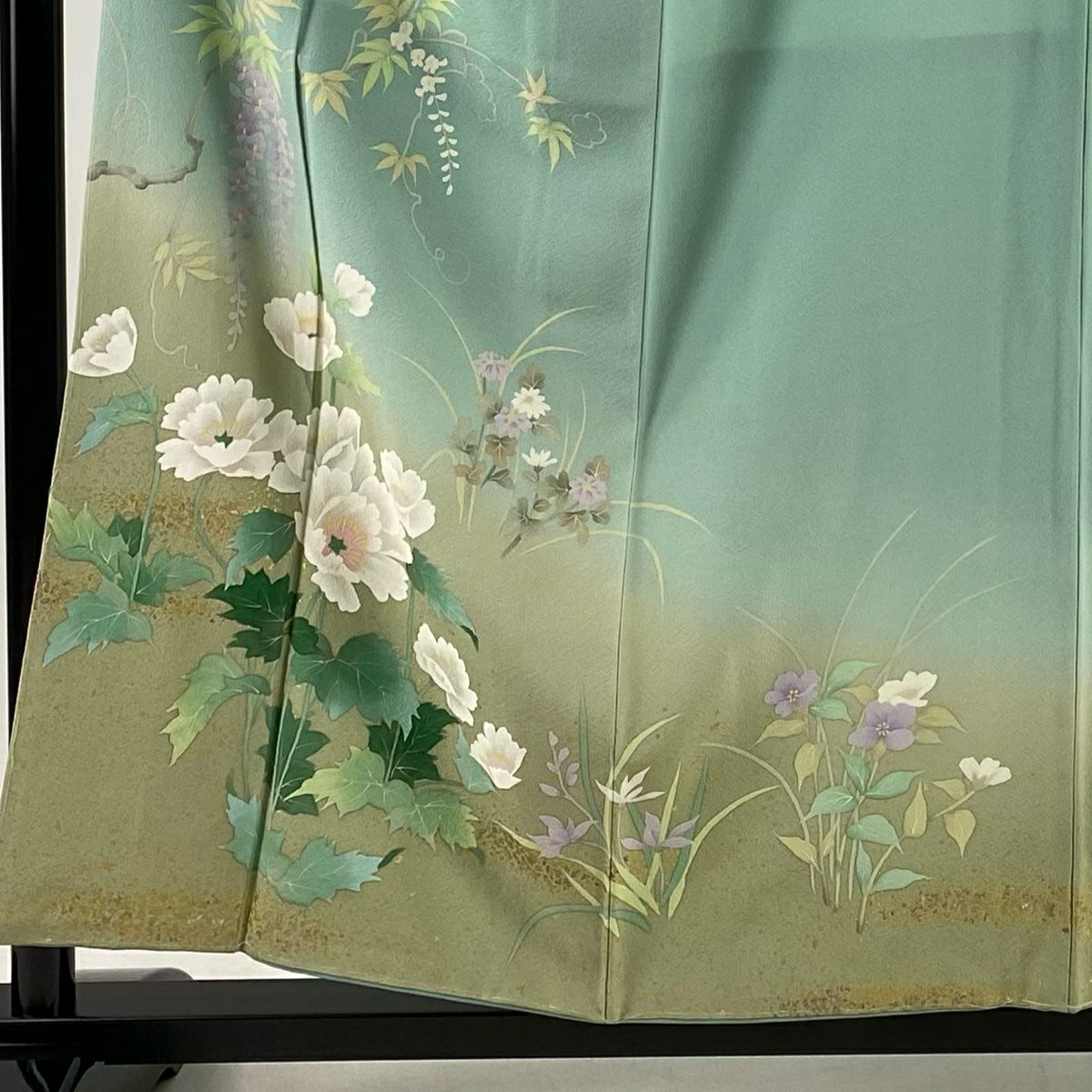 訪問服 身長156.5cm 袖長63cm S 雙層 落款 草花紋紋 藤 金銀彩 染分 薄綠 純蠶絲 名品級