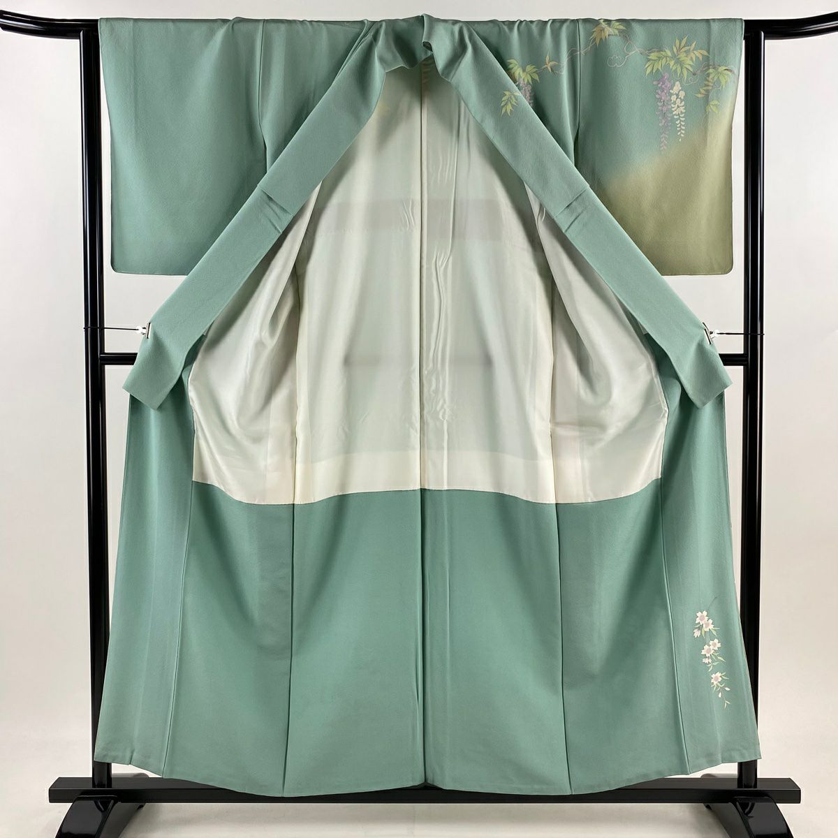 訪問服 身長156.5cm 袖長63cm S 雙層 落款 草花紋紋 藤 金銀彩 染分 薄綠 純蠶絲 名品級