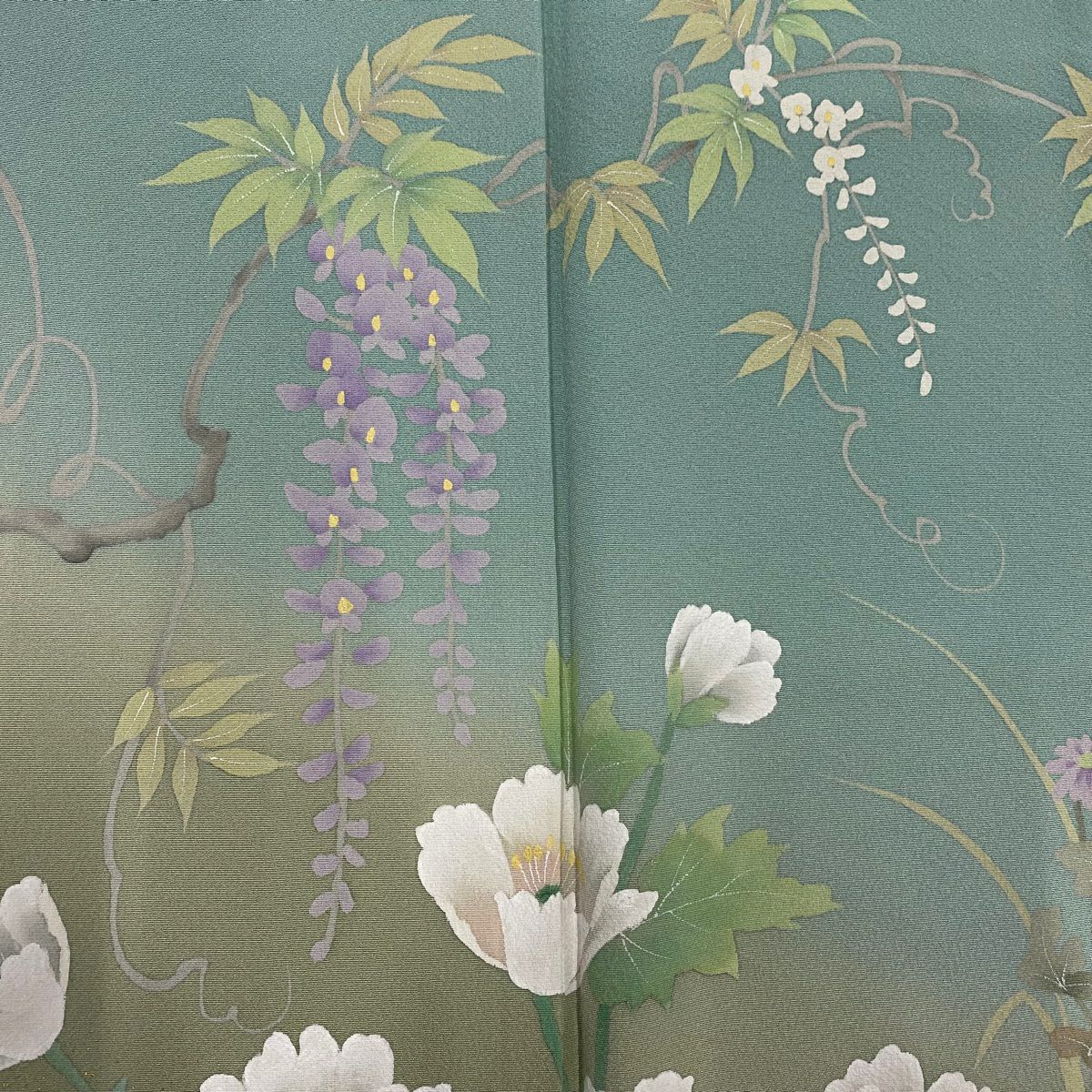 訪問服 身長156.5cm 袖長63cm S 雙層 落款 草花紋紋 藤 金銀彩 染分 薄綠 純蠶絲 名品級