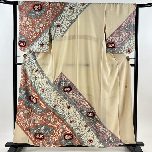 訪問服 身長157cm 袖長64.5cm M 雙層 滝泰 有落款 辻花染 松樹梅花 染分色 米色 純蠶絲 名品級