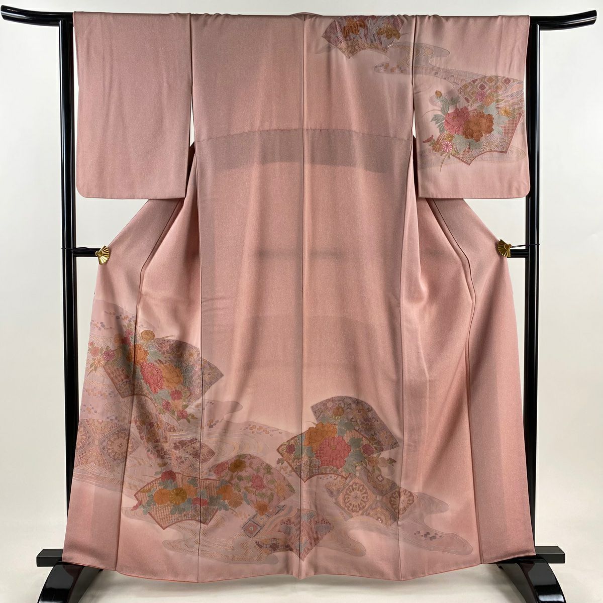 【美品】訪問服 身長162.5cm 袖長64cm M 雙層 扇子面 草花紋紋 刺繡 粉紅 純蠶絲 名品級