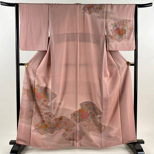 【美品】訪問服 身長162.5cm 袖長64cm M 雙層 扇子面 草花紋紋 刺繡 粉紅 純蠶絲 名品級