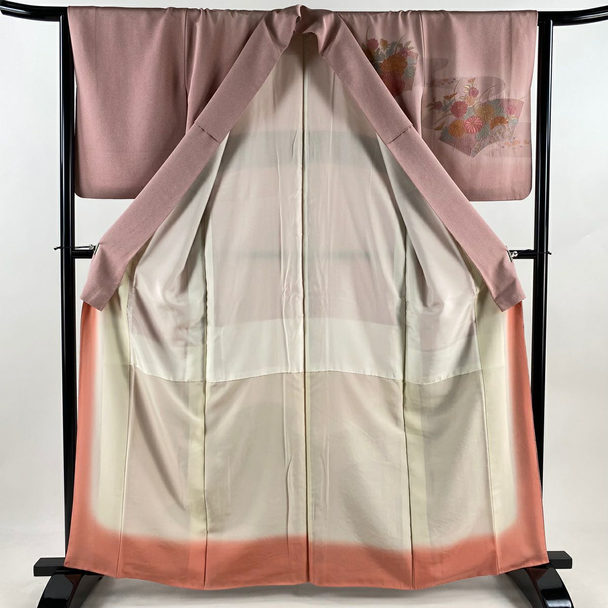 【美品】訪問服 身長162.5cm 袖長64cm M 雙層 扇子面 草花紋紋 刺繡 粉紅 純蠶絲 名品級