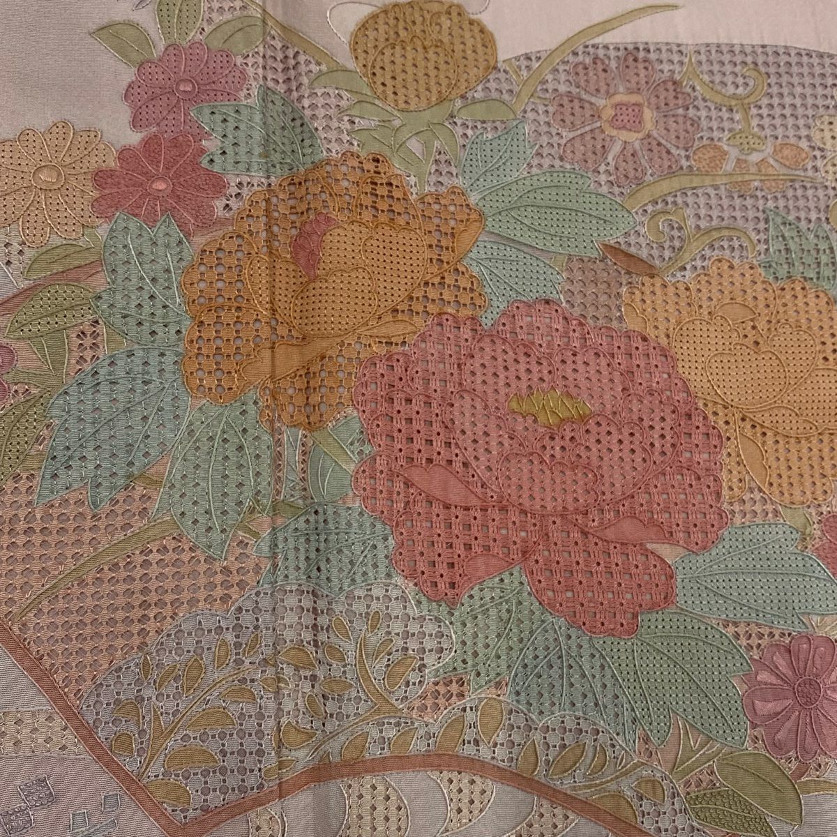 【美品】訪問服 身長162.5cm 袖長64cm M 雙層 扇子面 草花紋紋 刺繡 粉紅 純蠶絲 名品級