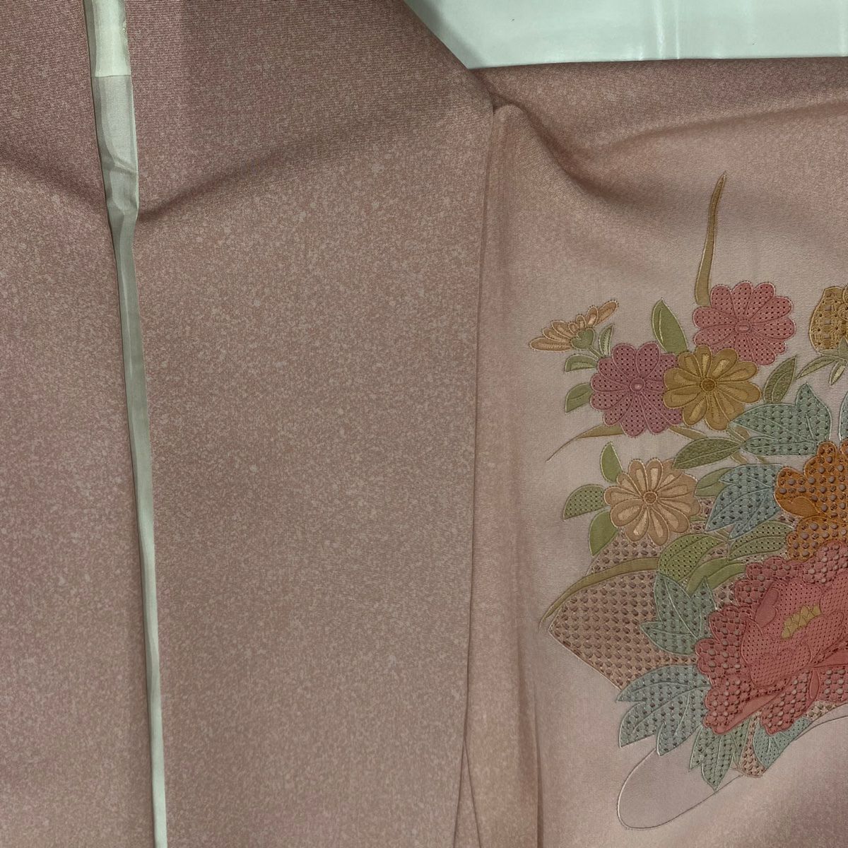 【美品】訪問服 身長162.5cm 袖長64cm M 雙層 扇子面 草花紋紋 刺繡 粉紅 純蠶絲 名品級