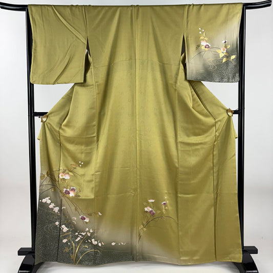【美品】訪問服 身長163.5cm 袖長65cm M 雙層 枝花 流水 金銀彩 螺鈿 薄黃土 純蠶絲 名品級
