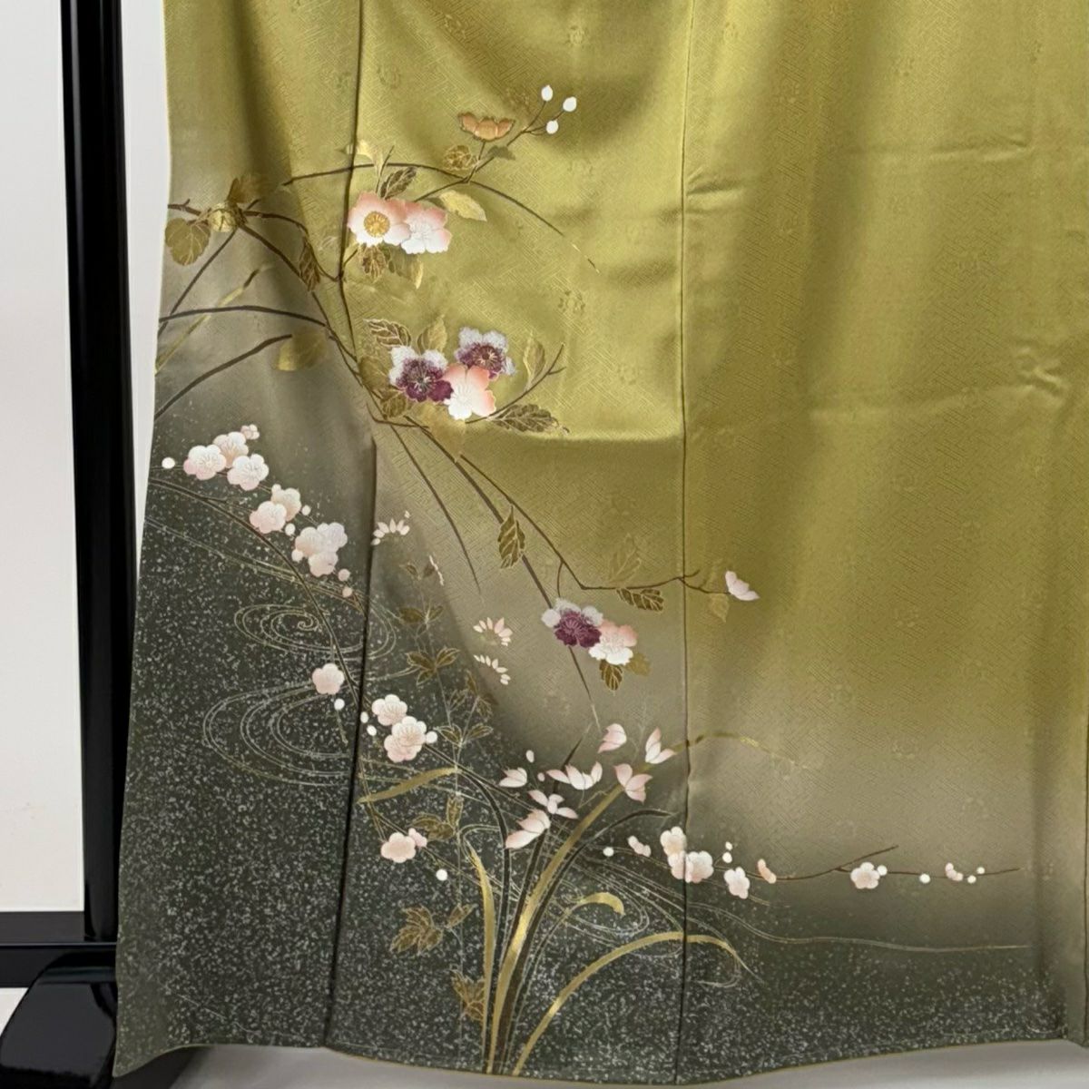 【美品】訪問服 身長163.5cm 袖長65cm M 雙層 枝花 流水 金銀彩 螺鈿 薄黃土 純蠶絲 名品級